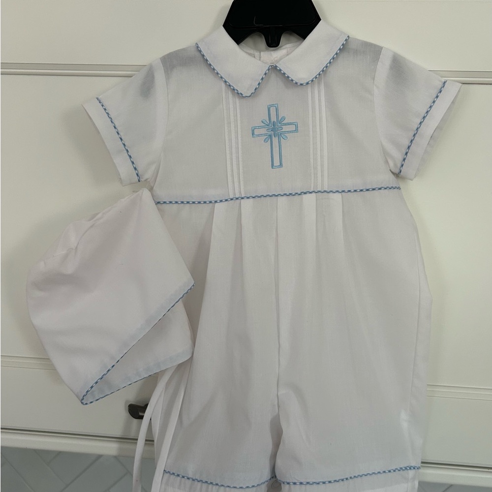 White christening/baptism Baby Romper with Blue Cross Embroidery